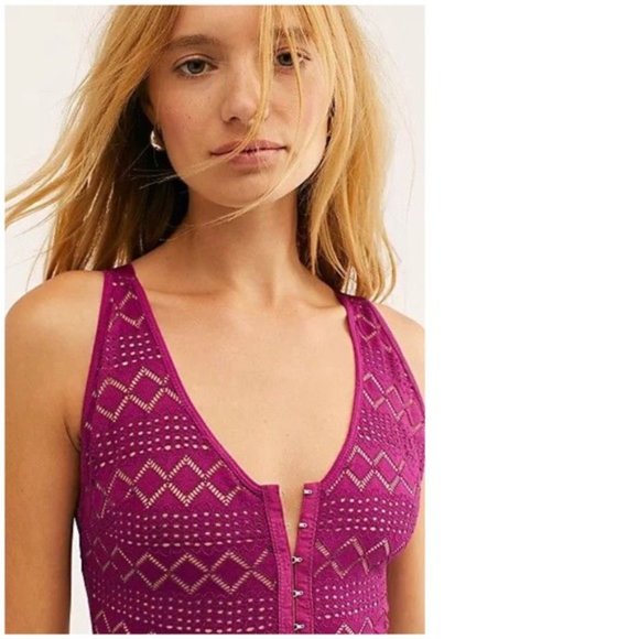 FREE PEOPLE Thank You Never Bodysuit Mesh Lace Purple Tank Top V Neck Small New - Picture 3 of 6